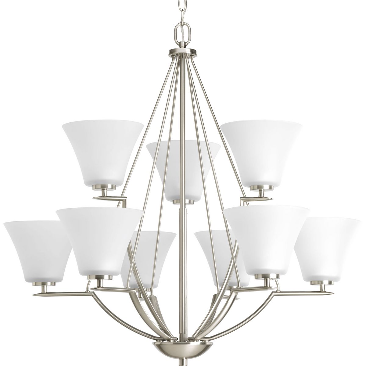 PROGRESS LIGHTING P4625-09 Brushed Nickel Bravo Collection Nine-Light Brushed Nickel Etched Glass Modern Chandelier Light