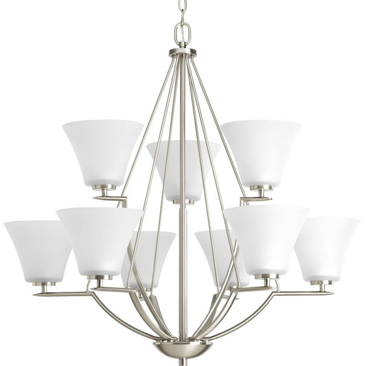 PROGRESS LIGHTING P4625-09 Brushed Nickel Bravo Collection Nine-Light Brushed Nickel Etched Glass Modern Chandelier Light