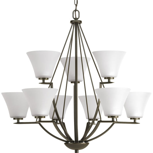 PROGRESS LIGHTING P4625-20W Antique Bronze Bravo Collection Nine-Light Antique Bronze Etched Glass Modern Chandelier Light