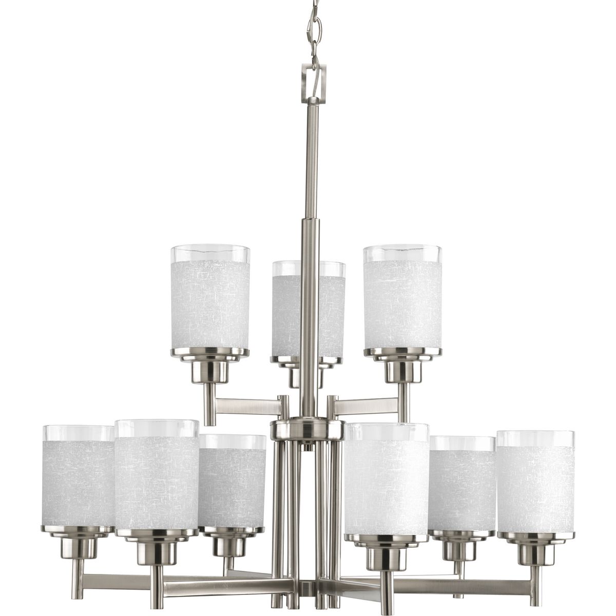 PROGRESS LIGHTING P4626-09 Brushed Nickel Alexa Collection Nine-Light Brushed Nickel Etched Linen With Clear Edge Glass Modern Chandelier Light