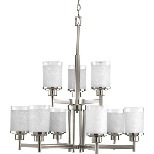 PROGRESS LIGHTING P4626-09 Brushed Nickel Alexa Collection Nine-Light Brushed Nickel Etched Linen With Clear Edge Glass Modern Chandelier Light