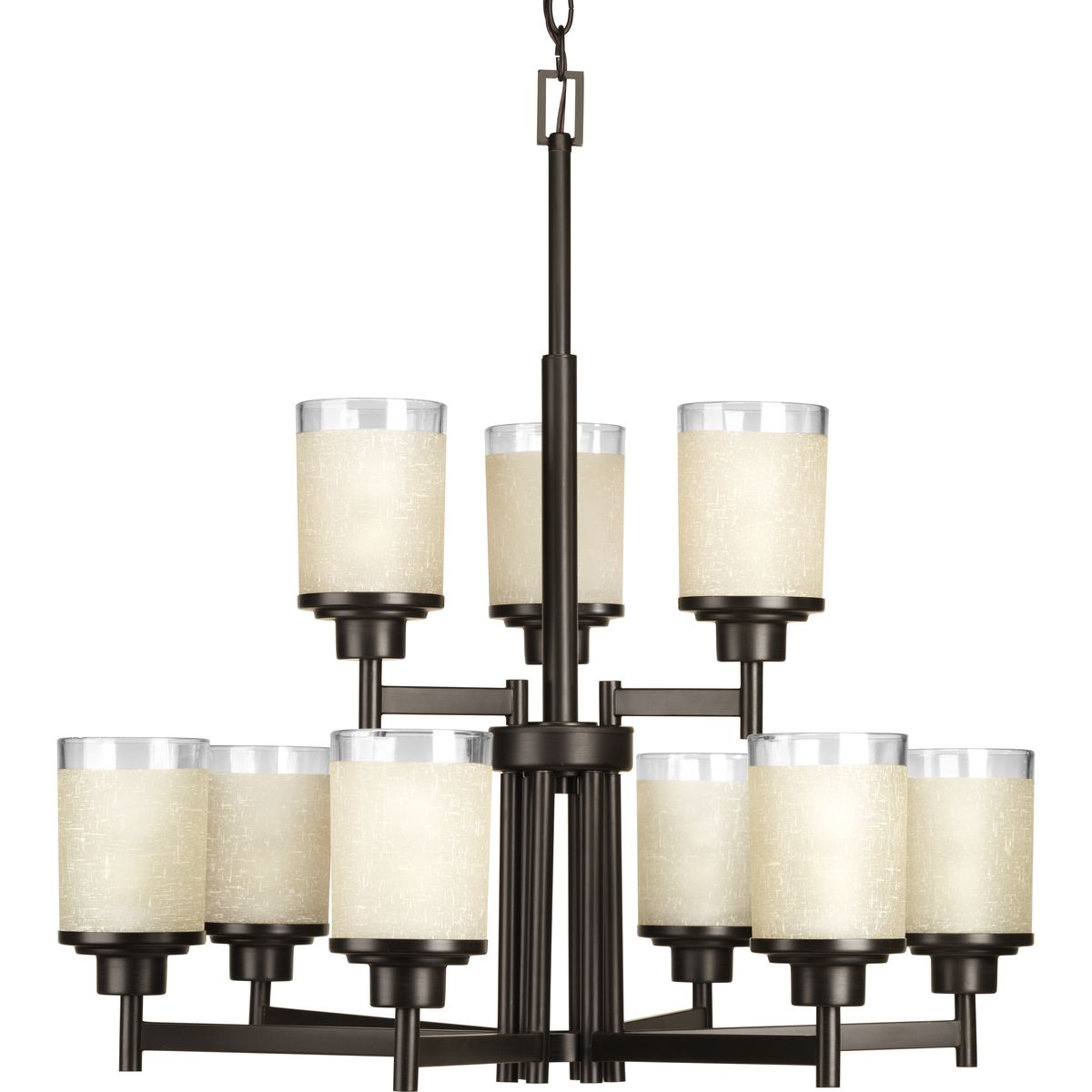 PROGRESS LIGHTING P4626-20 Antique Bronze Alexa Collection Nine-Light Antique Bronze Etched Umber Linen With Clear Edge Glass Modern Chandelier Light