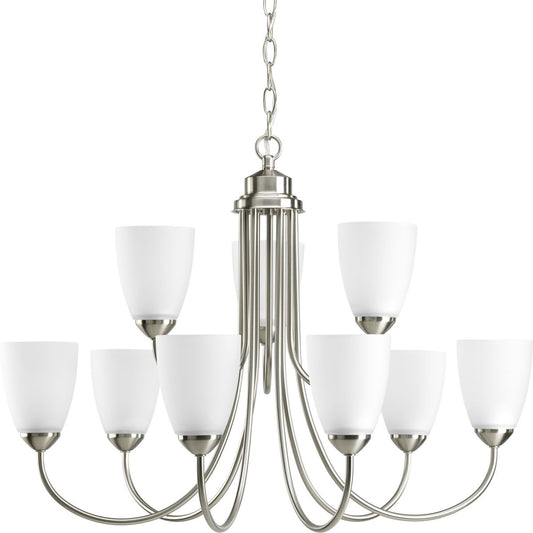 PROGRESS LIGHTING P4627-09 Brushed Nickel Gather Collection Nine-Light Brushed Nickel Etched Glass Traditional Chandelier Light