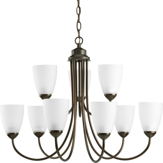 PROGRESS LIGHTING P4627-20 Antique Bronze Gather Collection Nine-Light Antique Bronze Etched Glass Traditional Chandelier Light