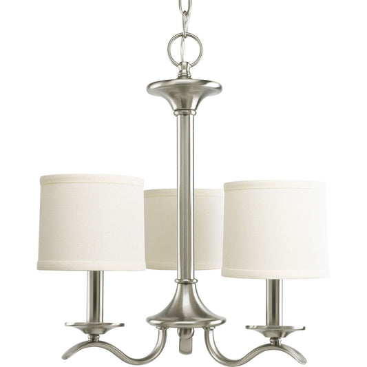 PROGRESS LIGHTING P4632-09 Brushed Nickel Inspire Collection Three-Light Brushed Nickel Off-White Linen Shade Traditional Chandelier Light
