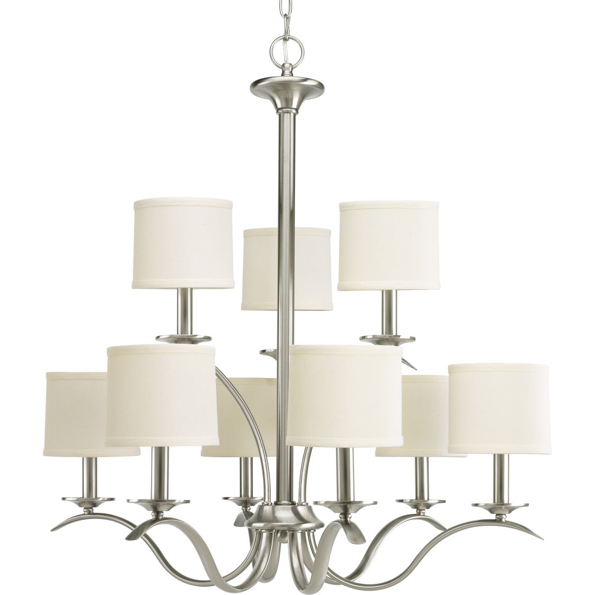 PROGRESS LIGHTING P4638-09 Brushed Nickel Inspire Collection Nine-Light Brushed Nickel Off-White Linen Shade Traditional Chandelier Light