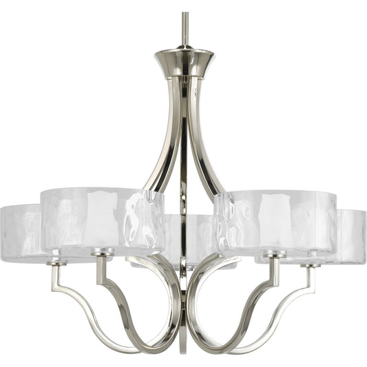 PROGRESS LIGHTING P4645-104WB Polished Nickel Caress Collection Five-Light Polished Nickel Clear Water Glass Luxe Chandelier Light