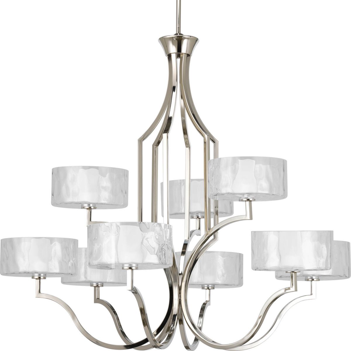 PROGRESS LIGHTING P4646-104WB Polished Nickel Caress Collection Nine-Light Polished Nickel Clear Water Glass Luxe Chandelier Light
