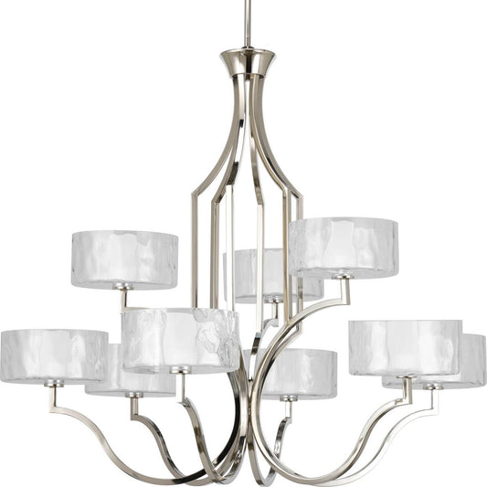 PROGRESS LIGHTING P4646-104WB Polished Nickel Caress Collection Nine-Light Polished Nickel Clear Water Glass Luxe Chandelier Light