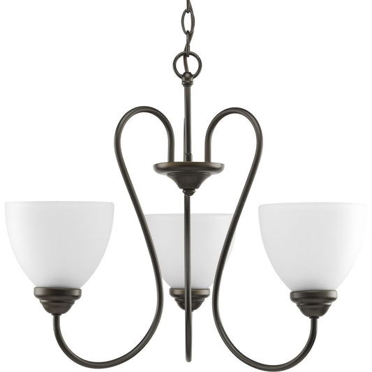 PROGRESS LIGHTING P4664-20 Antique Bronze Heart Collection Three-Light Antique Bronze Etched Glass Farmhouse Chandelier Light