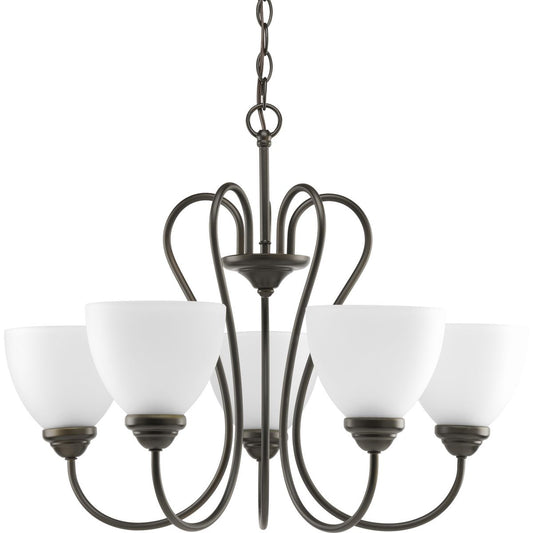 PROGRESS LIGHTING P4666-20 Antique Bronze Heart Collection Five-Light Antique Bronze Etched Glass Farmhouse Chandelier Light
