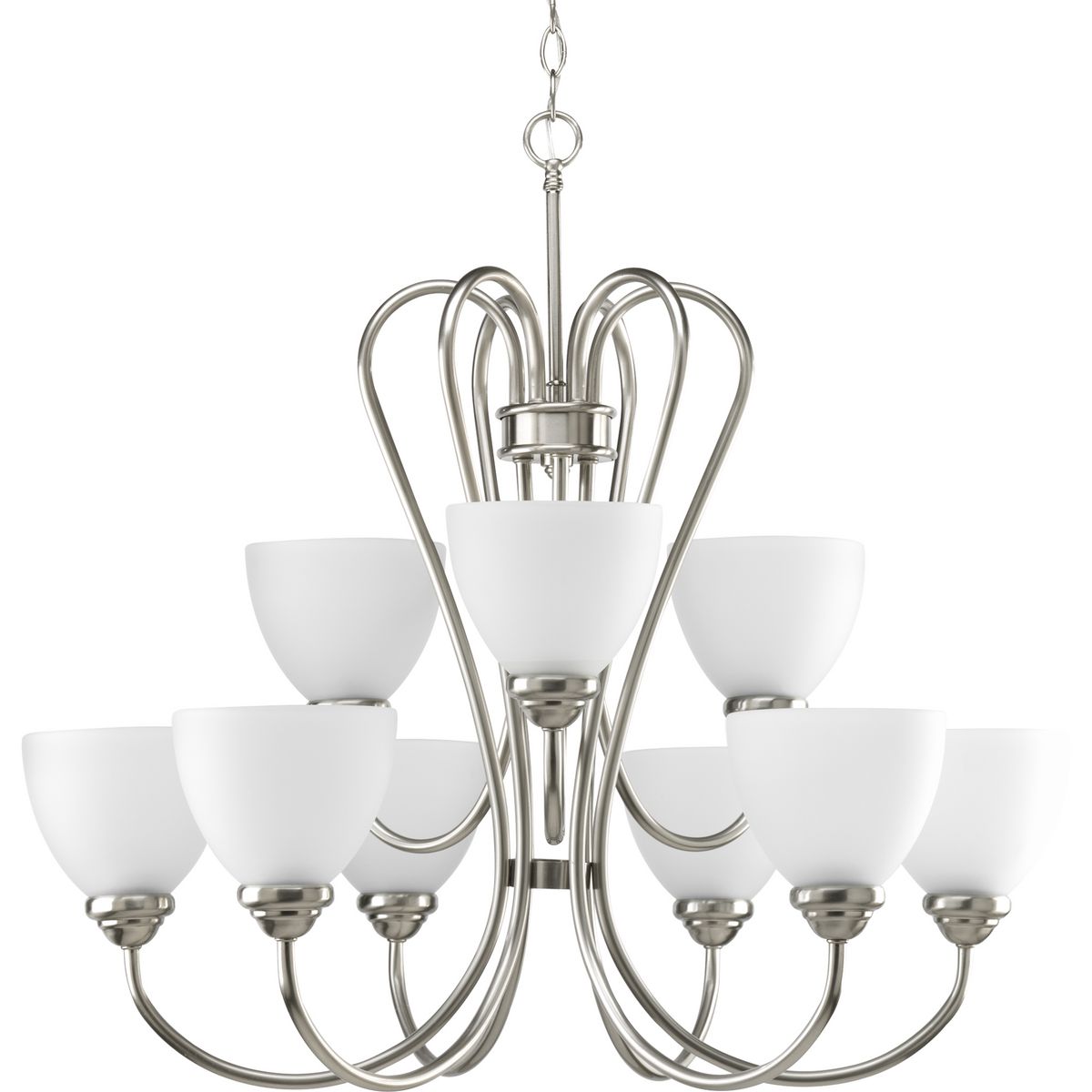PROGRESS LIGHTING P4668-09 Brushed Nickel Heart Collection Nine-Light Brushed Nickel Etched Glass Farmhouse Chandelier Light