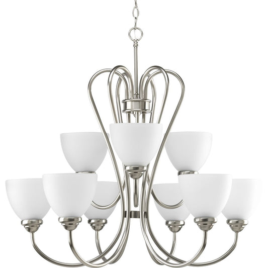 PROGRESS LIGHTING P4668-09 Brushed Nickel Heart Collection Nine-Light Brushed Nickel Etched Glass Farmhouse Chandelier Light