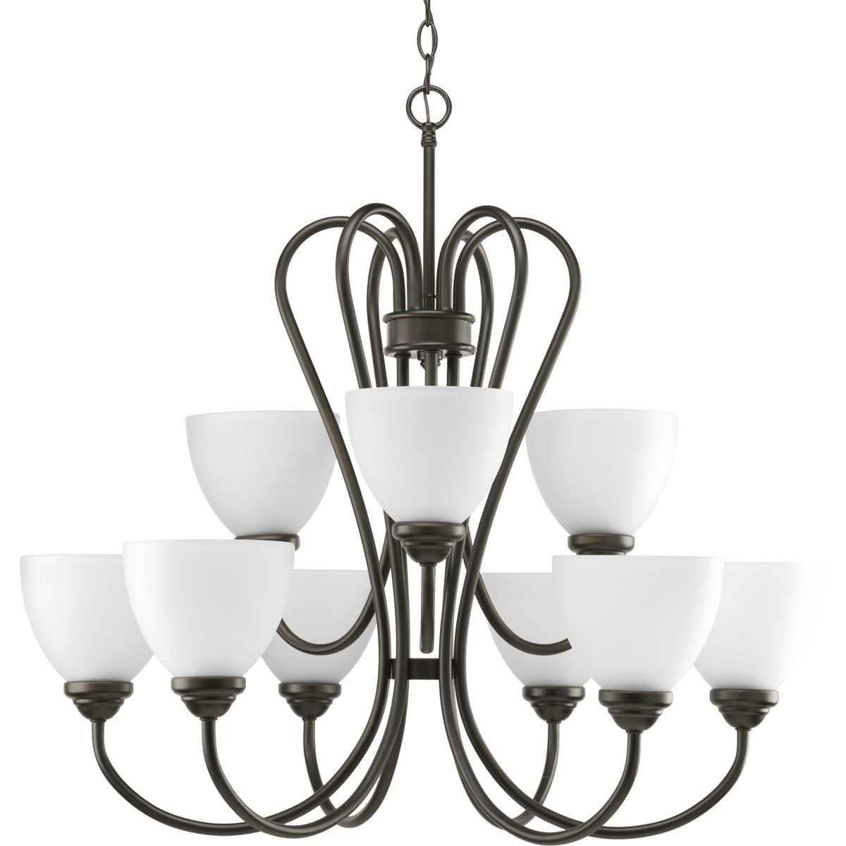 PROGRESS LIGHTING P4668-20 Antique Bronze Heart Collection Nine-Light Antique Bronze Etched Glass Farmhouse Chandelier Light