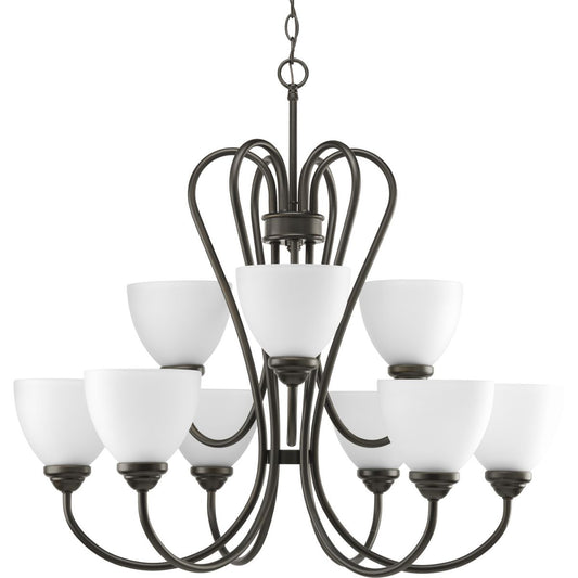 PROGRESS LIGHTING P4668-20 Antique Bronze Heart Collection Nine-Light Antique Bronze Etched Glass Farmhouse Chandelier Light
