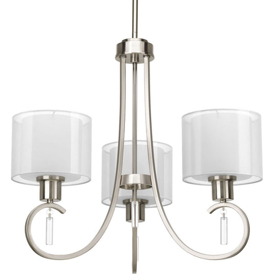 PROGRESS LIGHTING P4695-09 Brushed Nickel Invite Collection Three-Light Brushed Nickel White Silk Mylar Shade New Traditional Chandelier Light
