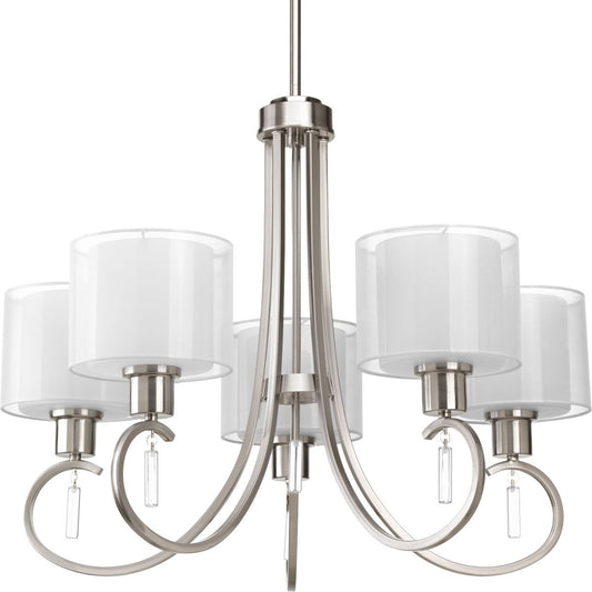 PROGRESS LIGHTING P4696-09 Brushed Nickel Invite Collection Five-Light Brushed Nickel White Silk Mylar Shade New Traditional Chandelier Light