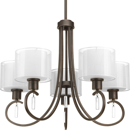 PROGRESS LIGHTING P4696-20 Antique Bronze Invite Collection Five-Light Antique Bronze White Silk Mylar Shade New Traditional Chandelier Light