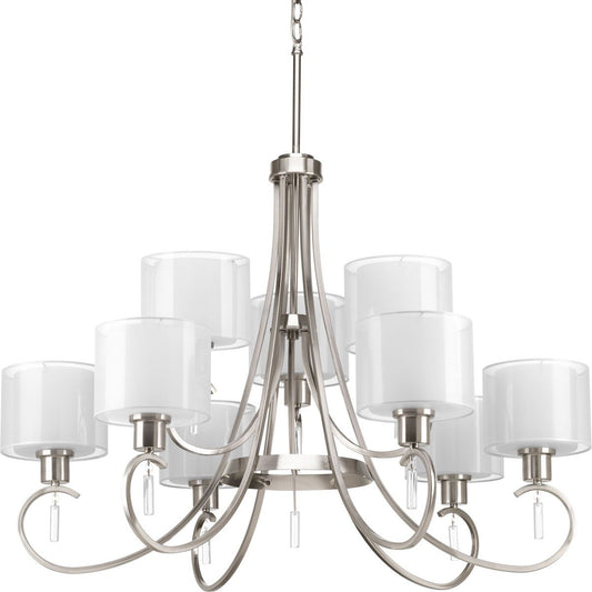 PROGRESS LIGHTING P4697-09 Brushed Nickel Invite Collection Nine-Light Brushed Nickel White Silk Mylar Shade New Traditional Chandelier Light