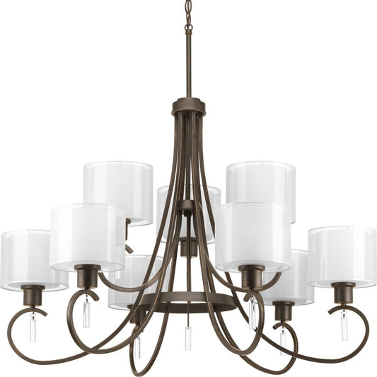 PROGRESS LIGHTING P4697-20 Antique Bronze Invite Collection Nine-Light Antique Bronze White Silk Mylar Shade New Traditional Chandelier Light