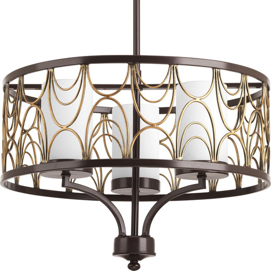 PROGRESS LIGHTING P4699-20 Antique Bronze Cirrine Collection Three-Light Antique Bronze Etched White Glass Global Chandelier Light