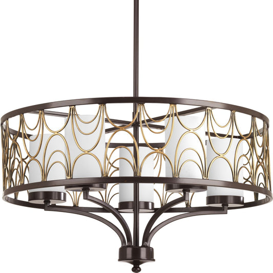 PROGRESS LIGHTING P4700-20 Antique Bronze Cirrine Collection Five-Light Antique Bronze Etched White Glass Global Chandelier Light
