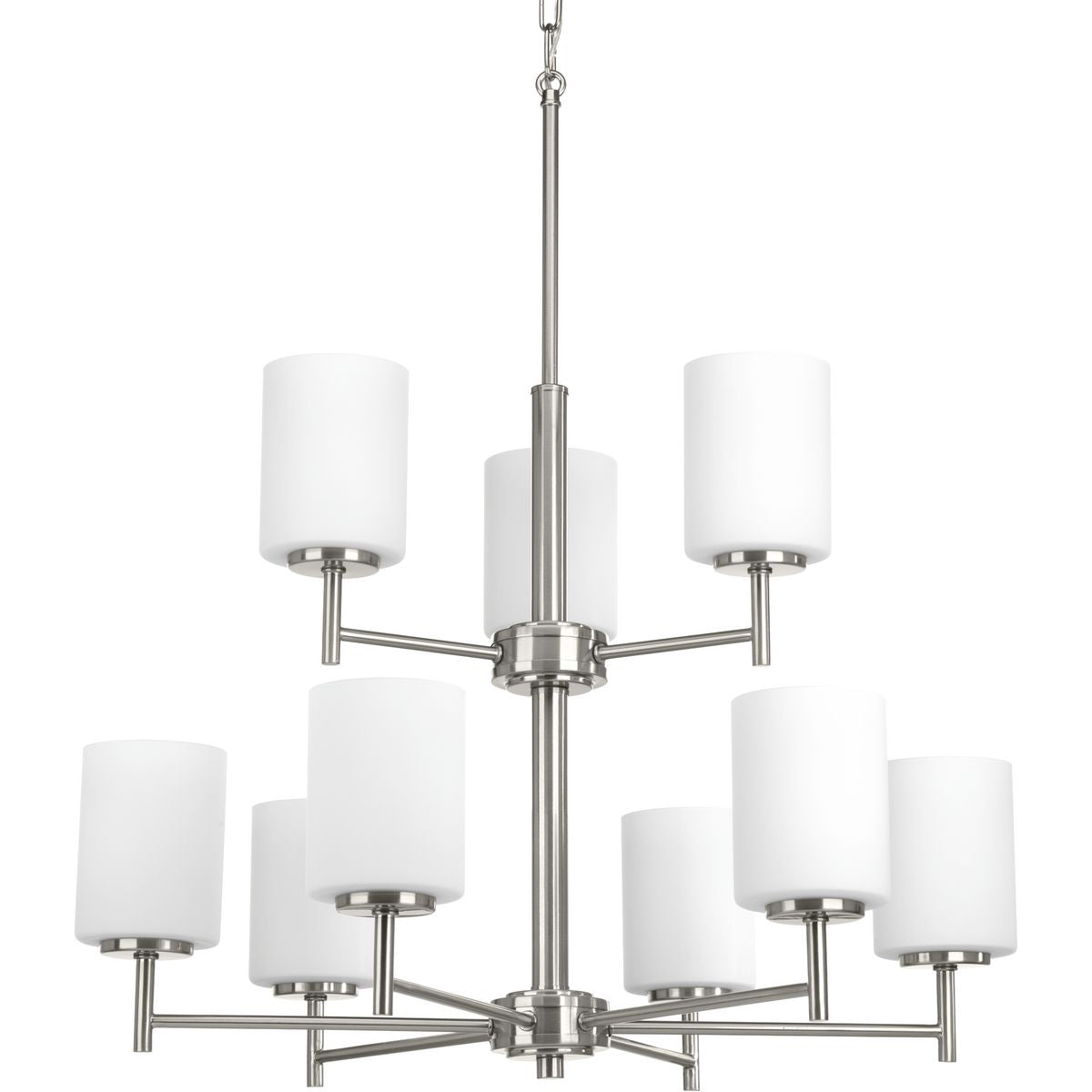 PROGRESS LIGHTING P4726-09 Brushed Nickel Replay Collection Nine-Light Brushed Nickel Etched Glass Modern Chandelier Light