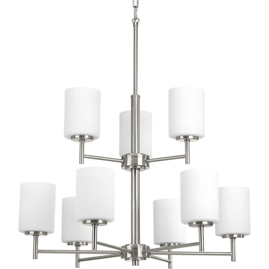PROGRESS LIGHTING P4726-09 Brushed Nickel Replay Collection Nine-Light Brushed Nickel Etched Glass Modern Chandelier Light