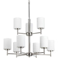 PROGRESS LIGHTING P4726-104 Polished Nickel Replay Collection Nine-Light Polished Nickel Etched Painted White Glass Modern Chandelier Light