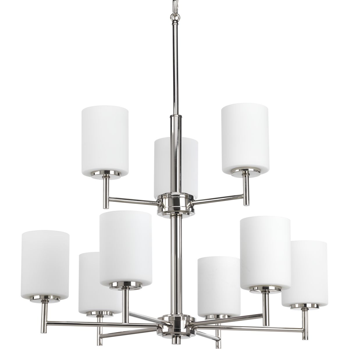 PROGRESS LIGHTING P4726-104 Polished Nickel Replay Collection Nine-Light Polished Nickel Etched Painted White Glass Modern Chandelier Light