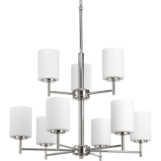 PROGRESS LIGHTING P4726-104 Polished Nickel Replay Collection Nine-Light Polished Nickel Etched Painted White Glass Modern Chandelier Light