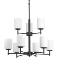 PROGRESS LIGHTING P4726-31 Textured Black Replay Collection Nine-Light Textured Black Etched Painted White Glass Modern Chandelier Light