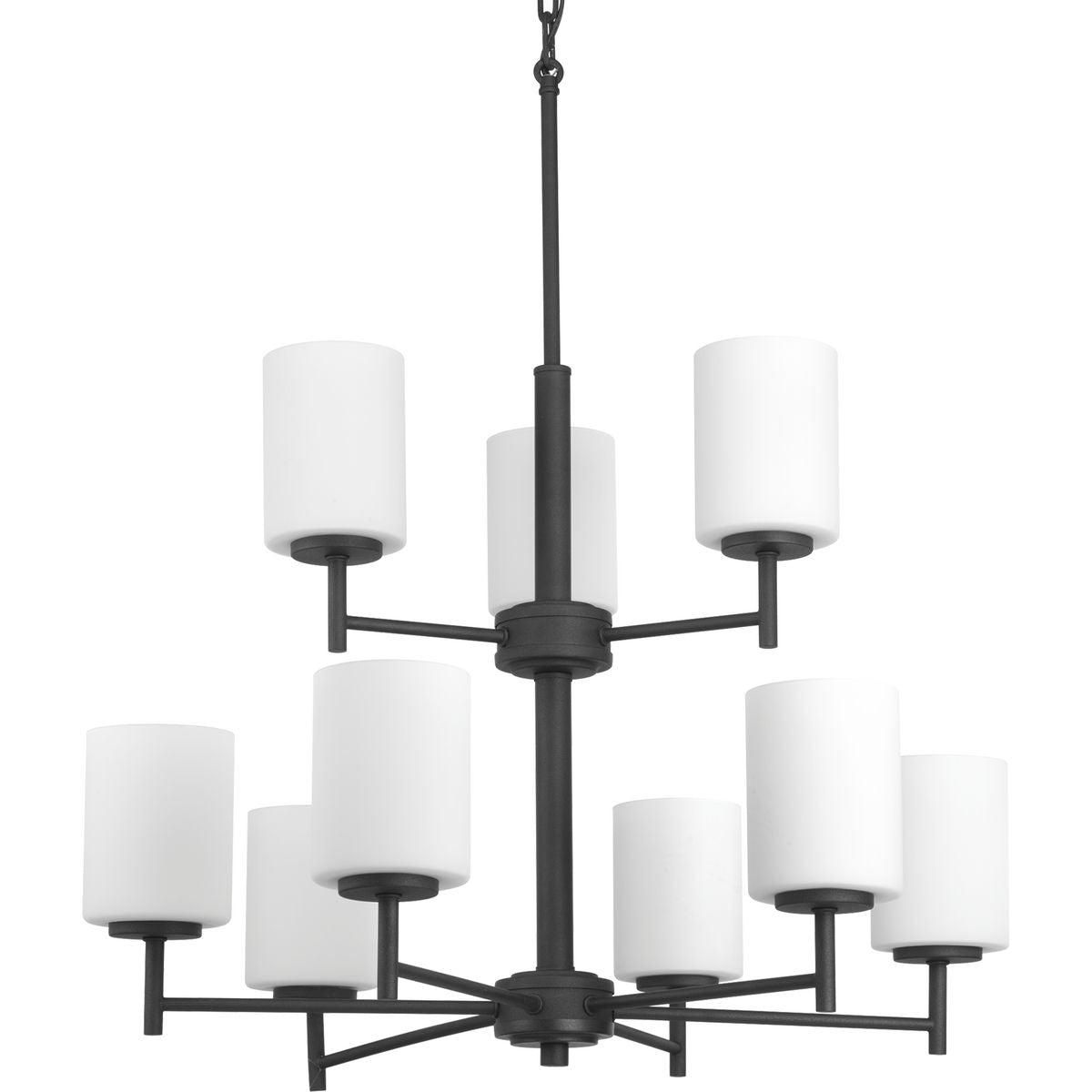 PROGRESS LIGHTING P4726-31 Textured Black Replay Collection Nine-Light Textured Black Etched Painted White Glass Modern Chandelier Light