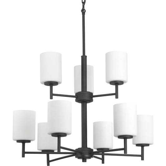 PROGRESS LIGHTING P4726-31 Textured Black Replay Collection Nine-Light Textured Black Etched Painted White Glass Modern Chandelier Light