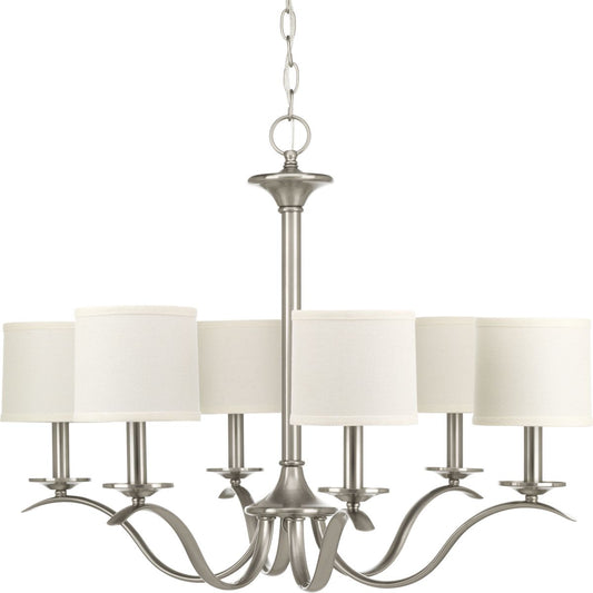 PROGRESS LIGHTING P4739-09 Brushed Nickel Inspire Collection Six-Light Brushed Nickel White Linen Shade Traditional Chandelier Light