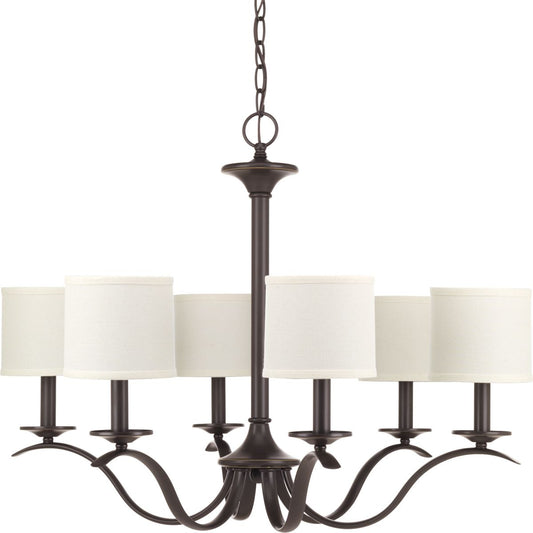 PROGRESS LIGHTING P4739-20 Antique Bronze Inspire Collection Six-Light Antique Bronze White Linen Shade Traditional Chandelier Light