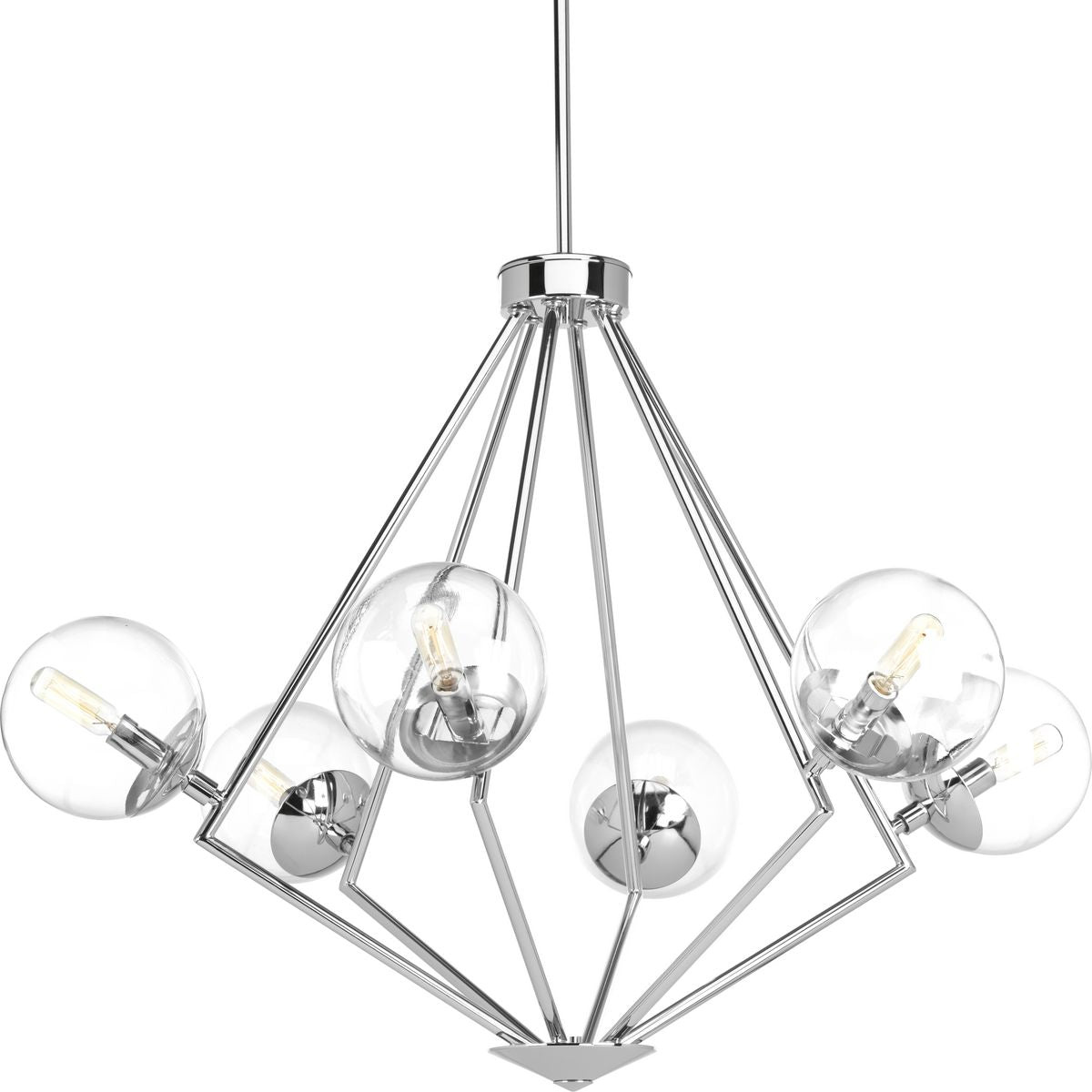PROGRESS LIGHTING P4756-15 Polished Chrome Mod Collection Six-Light Polished Chrome Clear Glass Mid-Century Modern Chandelier Light