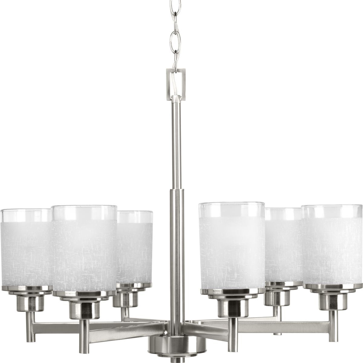 PROGRESS LIGHTING P4758-09 Brushed Nickel Alexa Collection Six-Light Brushed Nickel Etched Linen With Clear Edge Glass Modern Chandelier Light