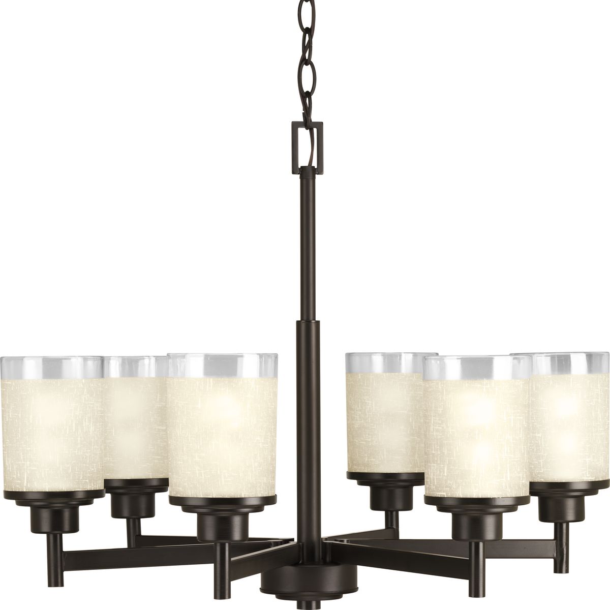 PROGRESS LIGHTING P4758-20 Antique Bronze Alexa Collection Six-Light Antique Bronze Etched Umber Linen With Clear Edge Glass Modern Chandelier Light