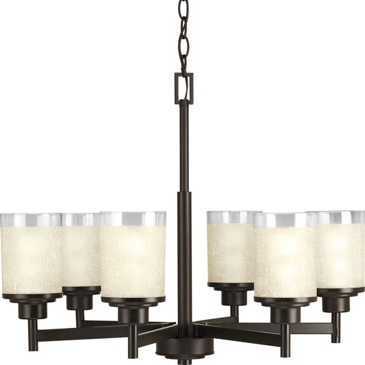 PROGRESS LIGHTING P4758-20 Antique Bronze Alexa Collection Six-Light Antique Bronze Etched Umber Linen With Clear Edge Glass Modern Chandelier Light