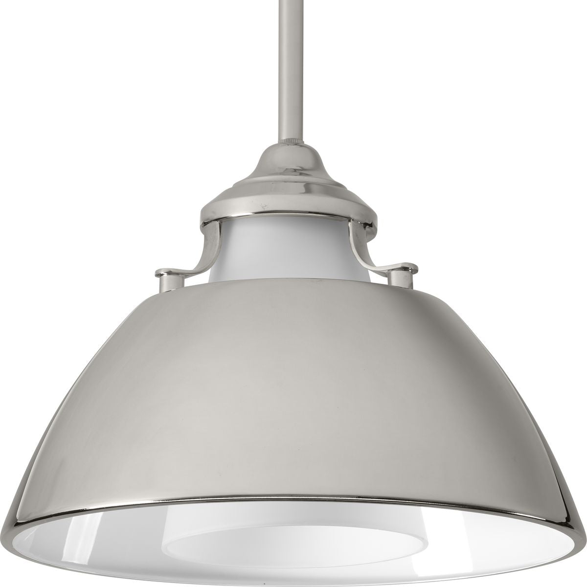 PROGRESS LIGHTING P500013-104 Polished Nickel Carbon Collection One-Light Polished Nickel Etched White Glass Mid-Century Modern Pendant Light