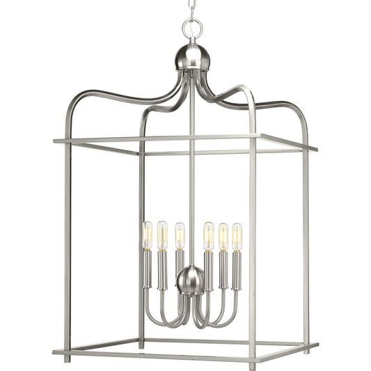 PROGRESS LIGHTING P500037-009 Brushed Nickel Assembly Hall Collection Six-Light Brushed Nickel Coastal Pendant Light