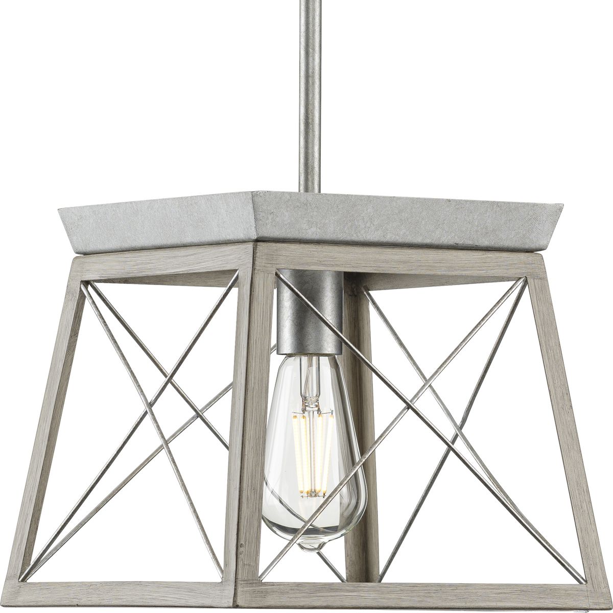 PROGRESS LIGHTING P500041-141 Galvanized Finish Briarwood Collection One-Light Galvanized and Bleached Oak Farmhouse Style Hanging Mini-Pendant Light