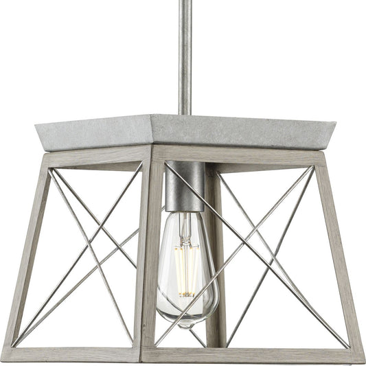 PROGRESS LIGHTING P500041-141 Galvanized Finish Briarwood Collection One-Light Galvanized and Bleached Oak Farmhouse Style Hanging Mini-Pendant Light