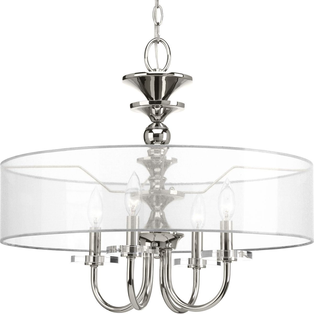 PROGRESS LIGHTING P500043-104 Polished Nickel Marche Collection Four-Light Polished Nickel Grey Mylar Shade Luxe Pendant Light