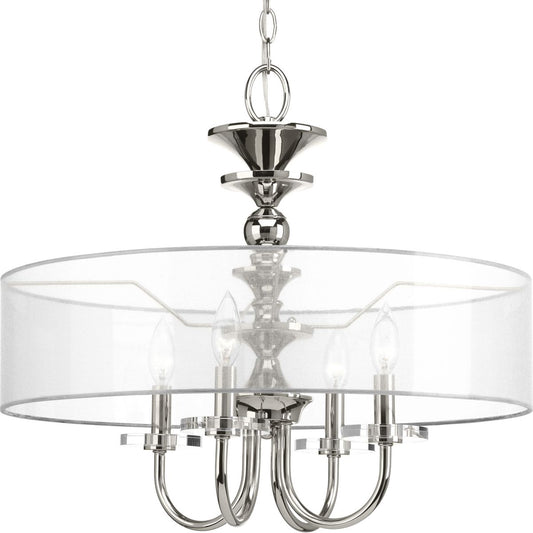 PROGRESS LIGHTING P500043-104 Polished Nickel Marche Collection Four-Light Polished Nickel Grey Mylar Shade Luxe Pendant Light