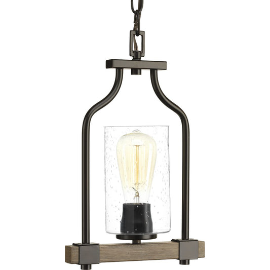 PROGRESS LIGHTING P500056-020 Antique Bronze Barnes Mill Collection One-Light Antique Bronze Clear Seeded Glass Farmhouse Mini-Pendant Light