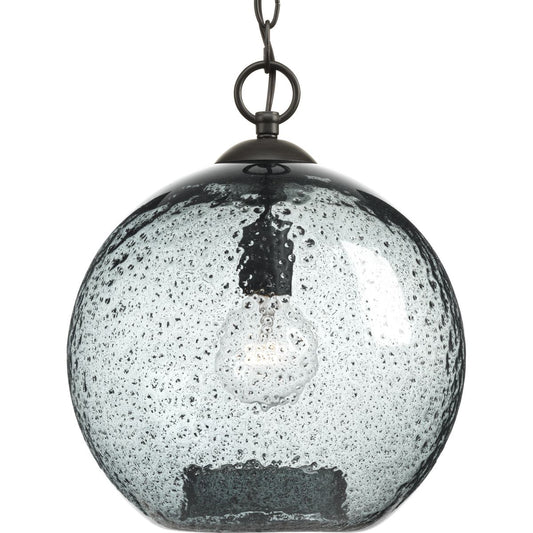 PROGRESS LIGHTING P500063-020 Antique Bronze Malbec Collection One-Light Antique Bronze Recycled Blue Textured Glass Global Pendant Light