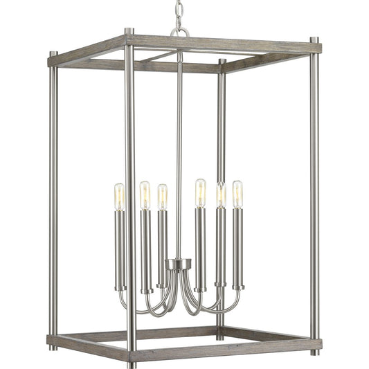 PROGRESS LIGHTING P500089-009 Brushed Nickel Fontayne Collection Six-Light Brushed Nickel Farmhouse Pendant Light