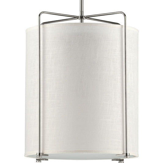 PROGRESS LIGHTING P500139-009 Brushed Nickel Kempsey Collection Three-Light Brushed Nickel Summer Linen Shade Farmhouse Pendant Light